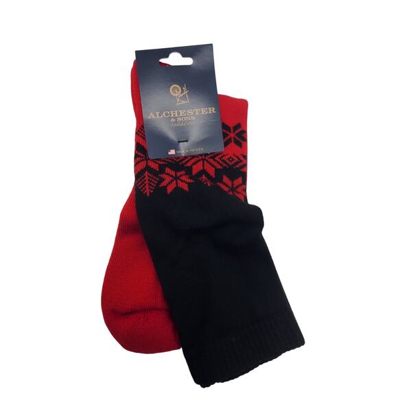 Red Black Snowflake Crew Socks 9-11.5 Merino Wool Blend Alchester Roland Warm - Picture 2 of 5